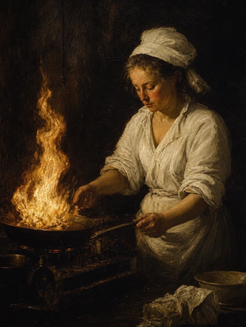 Olieverfportret van een chef boven een vlammende pan in een donkere keuken