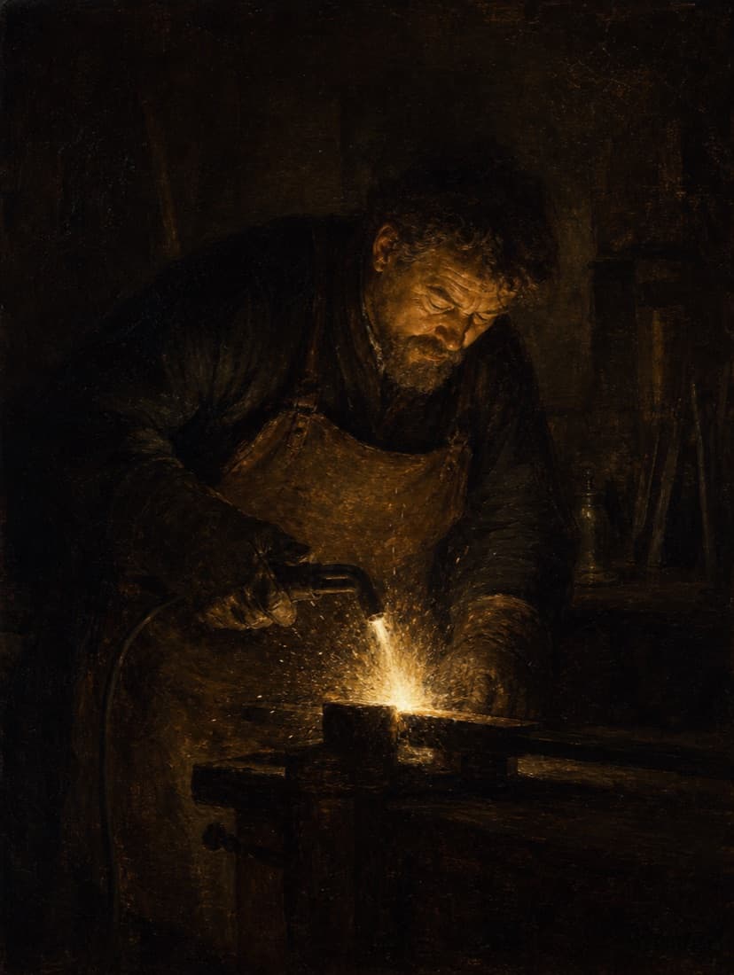 Olieverfportret van een lasser, verlicht door de gouden gloed van het lasboogje