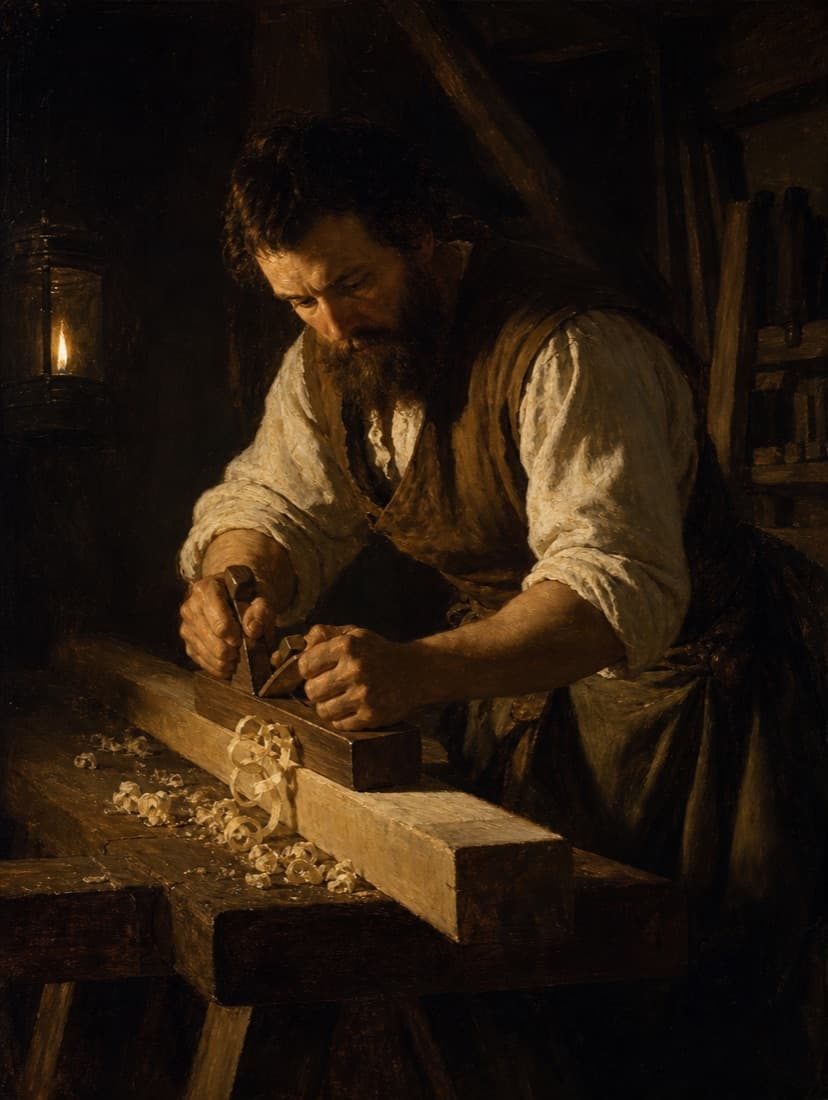 Olieverfportret van een timmerman die een balk schaaft in lantaarnlicht